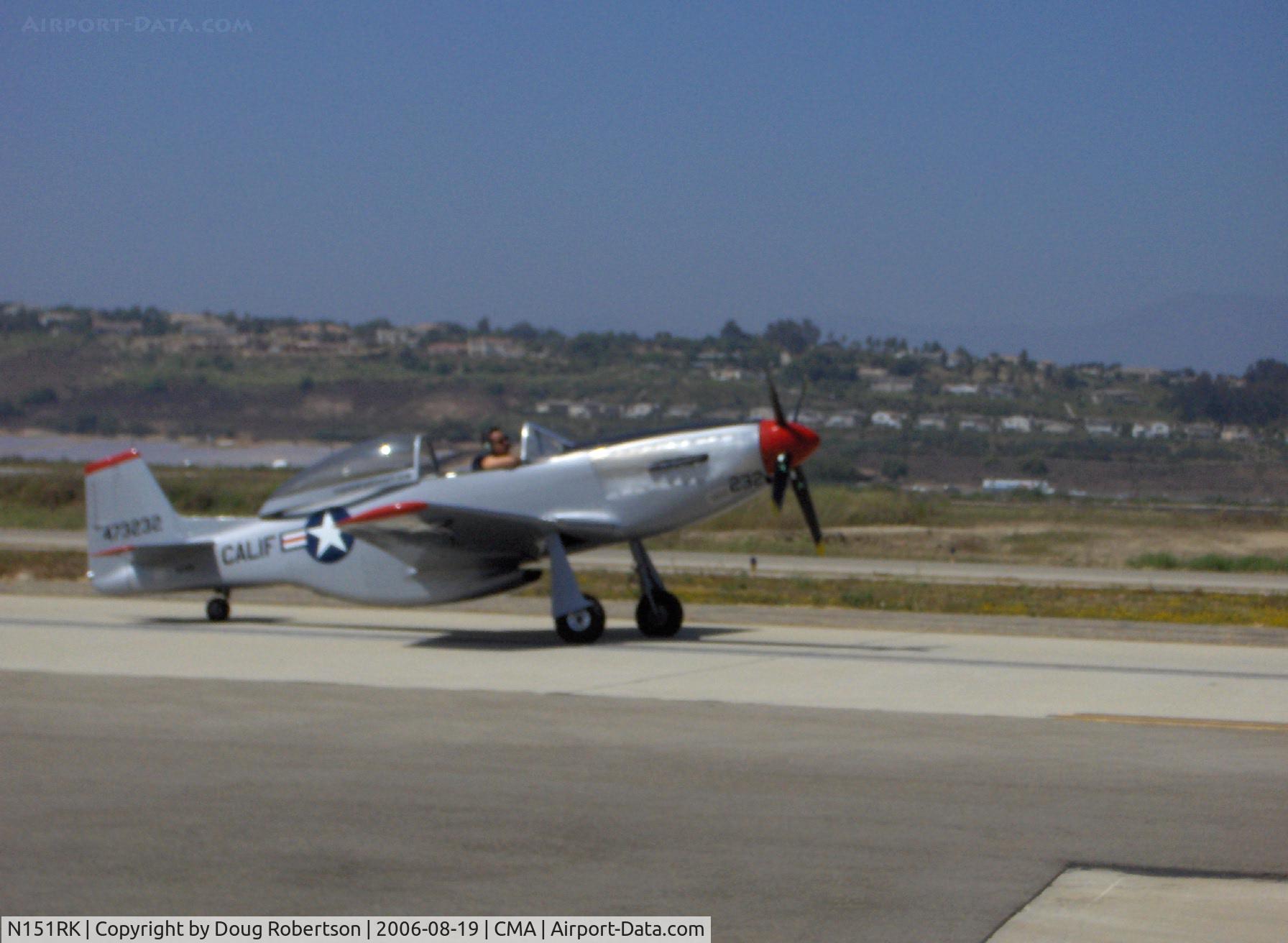 N151RK, 1998 North American TF-51 Replica C/N 060, 1998 Oliver TF-51 MUSTANG, tandem seats, LS6 Corvette engine 410/400 Hp, 250 mph, 70% scale, taxi after landing Rwy 26. Want one?- http://www. LegendaryAircraft.com