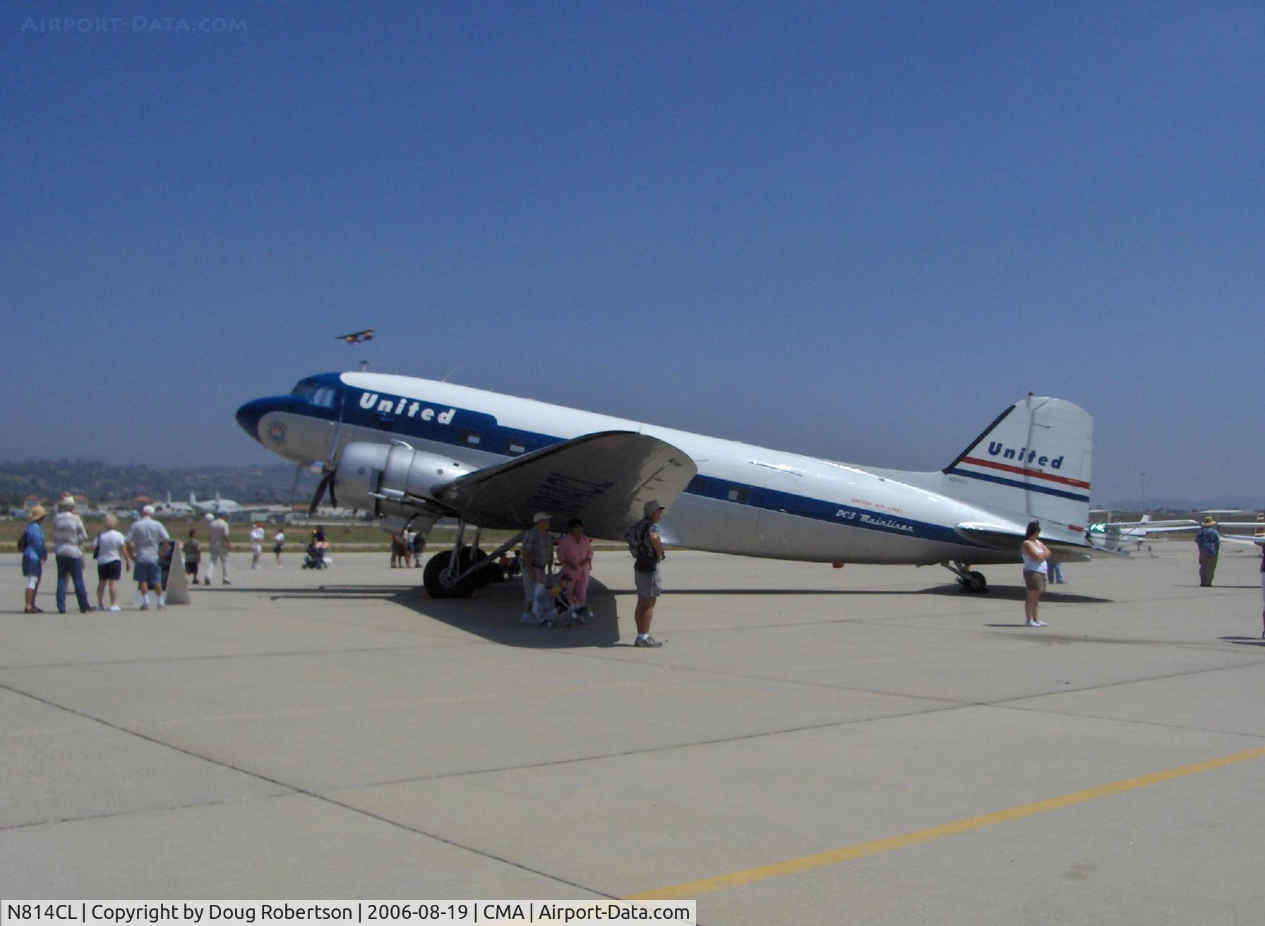 N814CL, 1945 Douglas DC-3C (C-47B-50-DK) C/N 34370, Clay Lacy's 1945 Douglas DC-3C in livery of United Airlines DC-3 'Mainliner O'Connor', two P&W 1830s, at 2006 EAA Camarillo Airshow