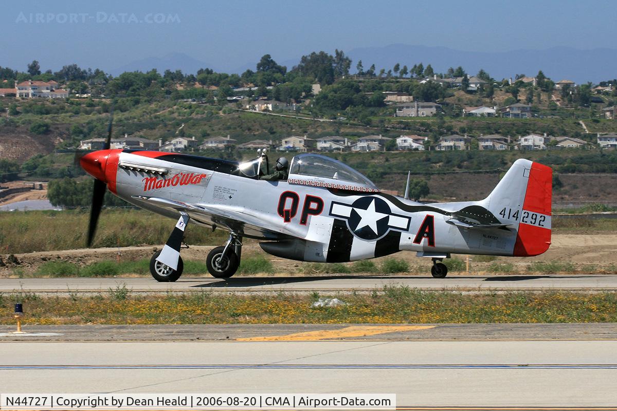N44727, 1944 North American P-51D Mustang C/N 122-39198, 1944 North American P-51D N44727 'Man O'War' taxiing prior to her performance at the 2006 EAA Camarillo Airshow.