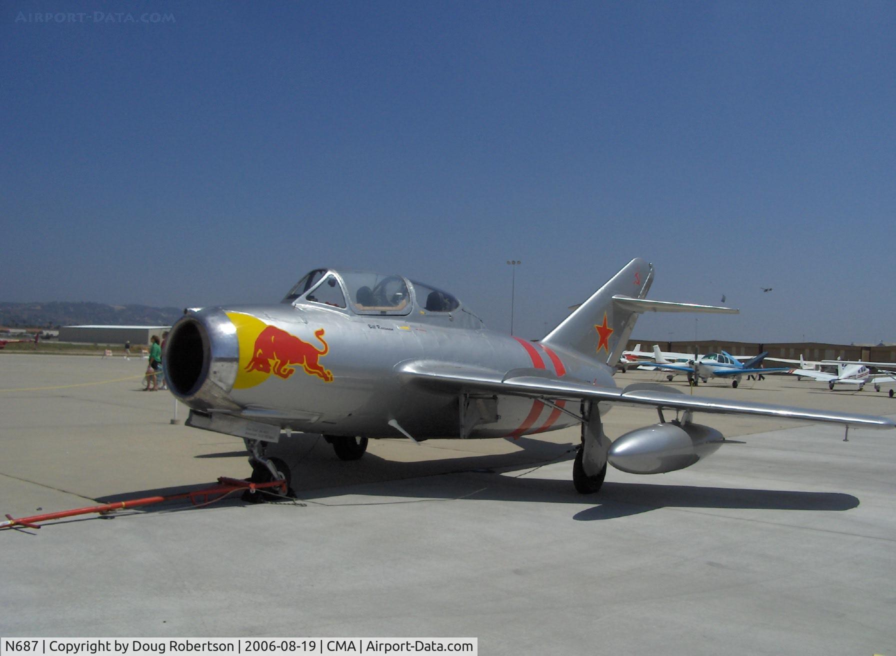 N687, 1953 Mikoyan-Gurevich MiG-15UTI C/N 1A02005, 1953 Mikoyan-Gurevich MIG-15UTI as NX687 'Red Bull', NATO code name Midget, Klimov VK-1A afterburning 5,952 lb st turbojet, Max speed: 668 mph, climb rate: 11,480 ft/min., Ceiling: 50,855 ft, MIG-15s first seen by the West in Korean War.