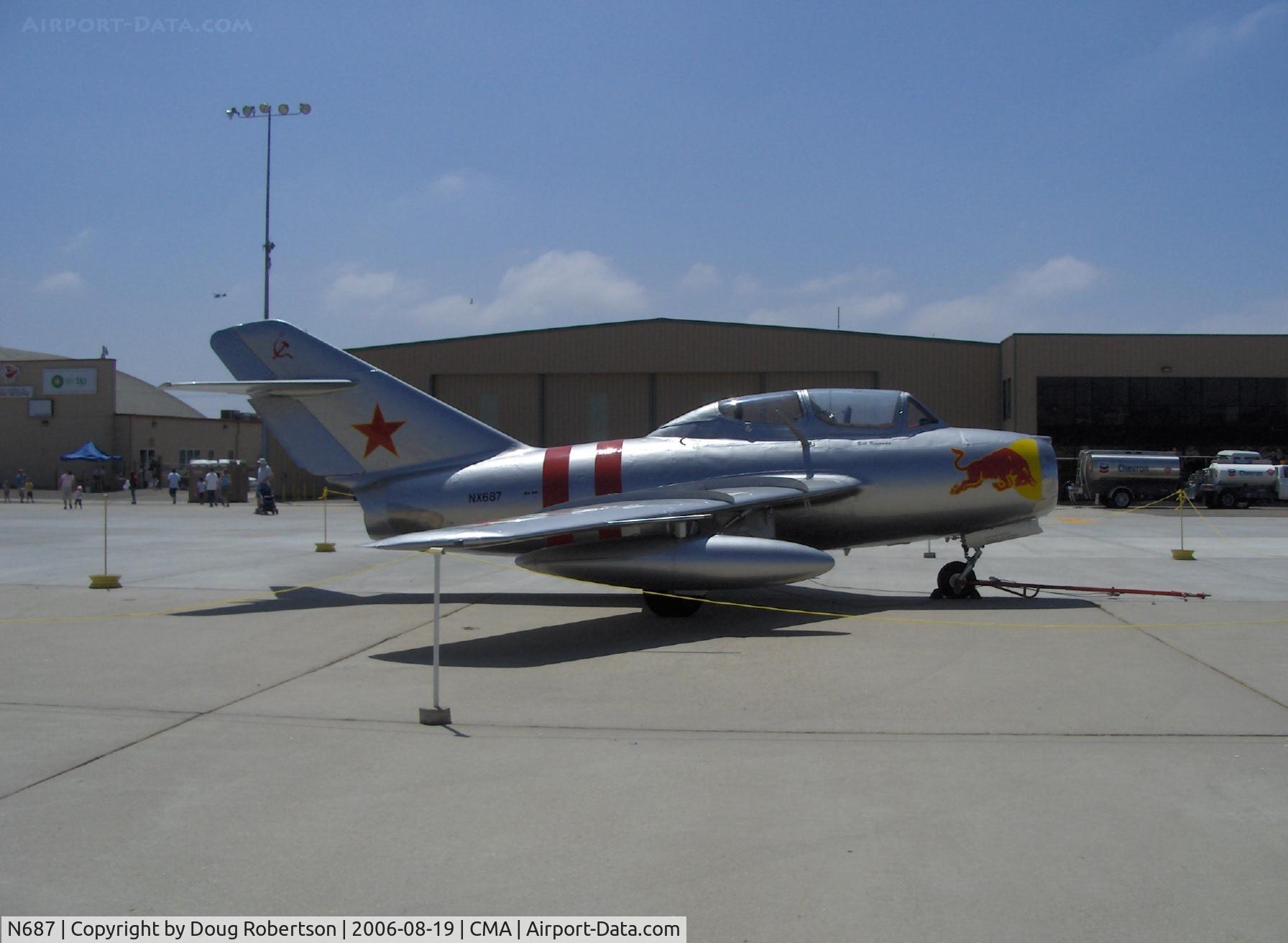 N687, 1953 Mikoyan-Gurevich MiG-15UTI C/N 1A02005, 1953 Mikoyan-Gurevich MIG-15UTI as NX687 'Red Bull' tandem trainer, Klimov VK-1A 5,952 lb st afterburning turbojet, developed by Russia from captured WWII German data, MIG-15s first seen by the West in 'MIG Alley' in Korean War.
