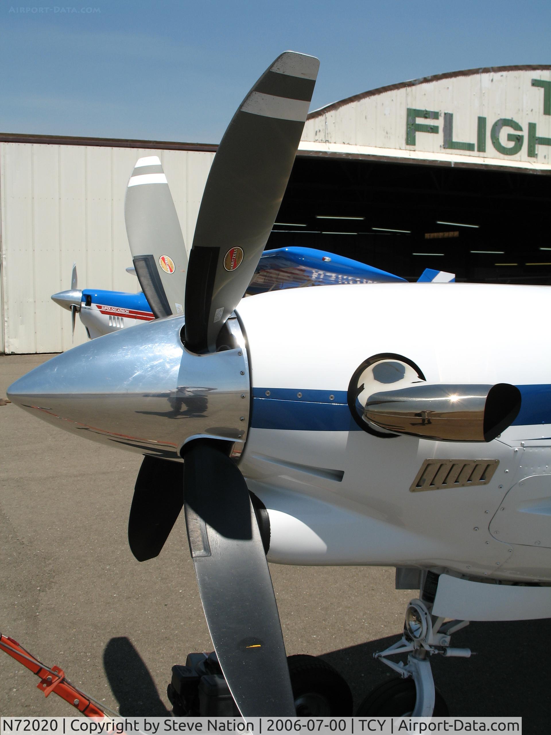 N72020, 1984 Beech B36TC Bonanza C/N EA-428, Close-up of 4-blade prop @ Tracy Municipal Airport, CA