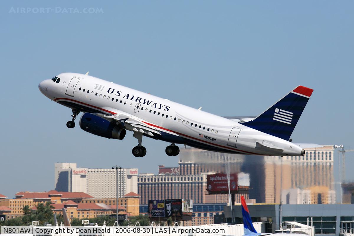 N801AW, 1998 Airbus A319-132 C/N 0889, America West (US Airways) N801AW (FLT AWE262) departing RWY 25R enroute to Phoenix Sky Harbor Int'l (KPHX).