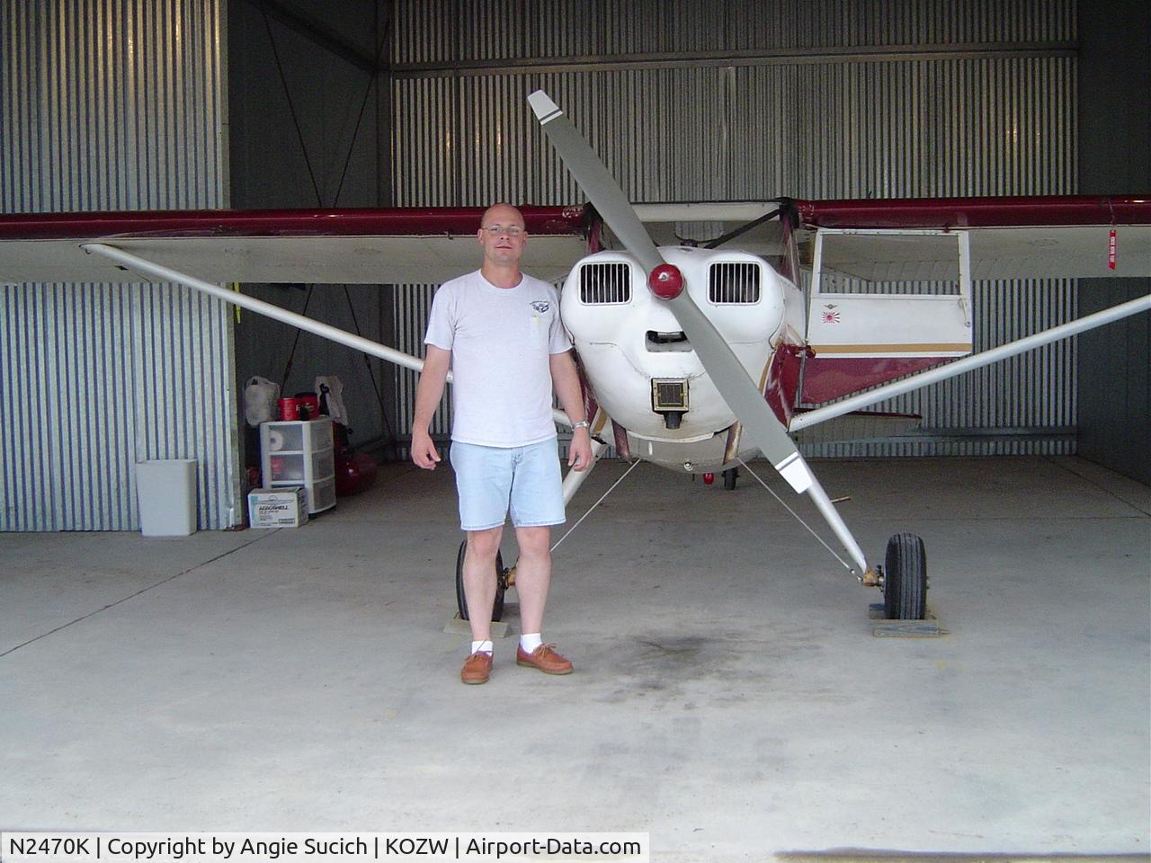 N2470K, 1947 Luscombe 8E Silvaire C/N 5197, John Sucich and his Luscombe 8E in the hanger at Livingston Co. Airport Howell MI.