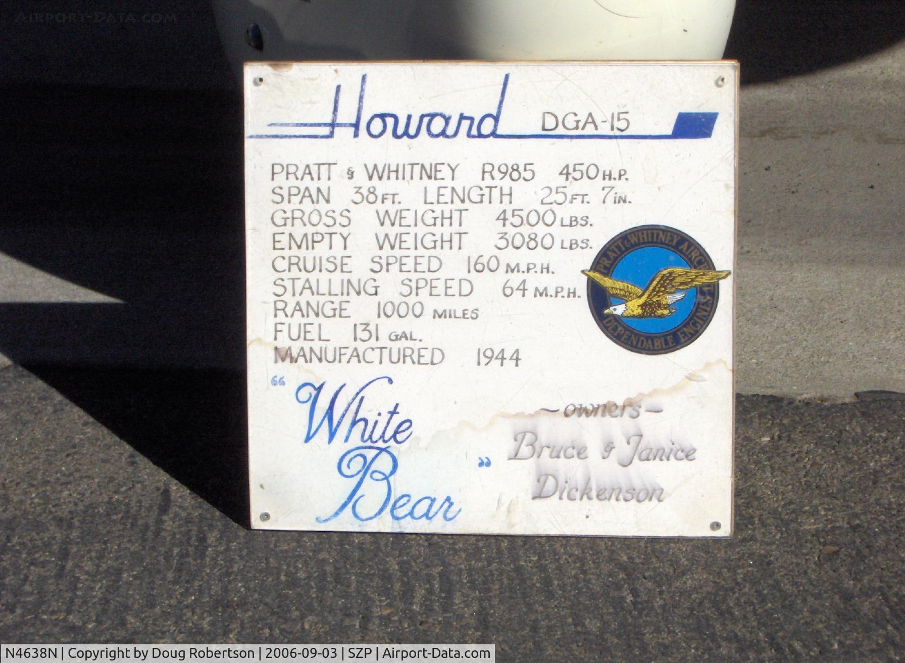 N4638N, 1944 Howard Aircraft DGA-15P C/N 1011, 1944 Howard DGA-15P, The Dickenson's 'White Bear' data card display