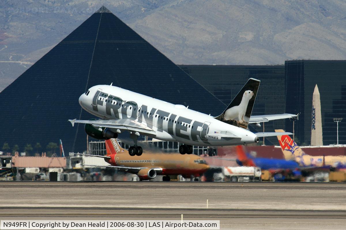 N949FR, 2006 Airbus A319-112 C/N 2857, Frontier Airlines N949F (FLT FFT772) climbing out from RWY 25R, enroute to Denver Int'l (KDEN). This aircraft was delivered to Frontier Airlines on 08/17/2006. The animal on the tail is a White Ermine.