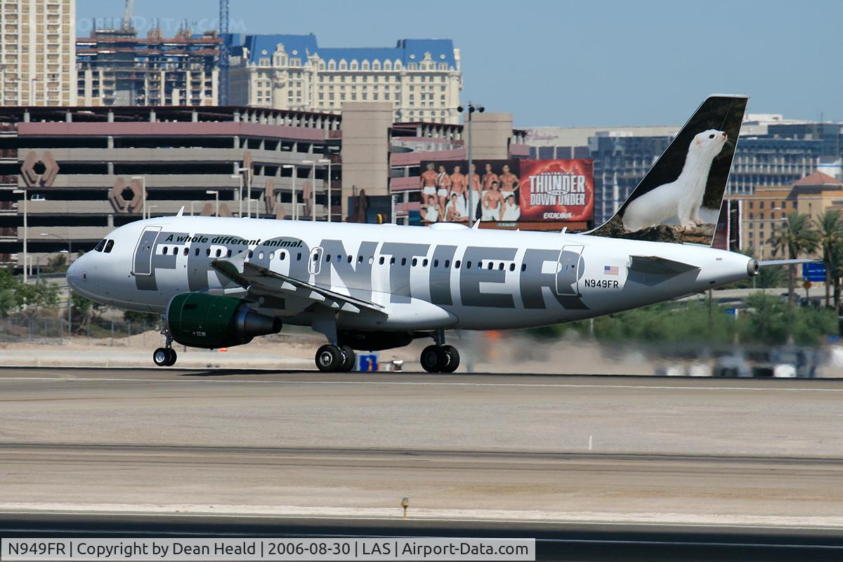 N949FR, 2006 Airbus A319-112 C/N 2857, Frontier Airlines N949F (FLT FFT772) starting takeoff rotation from RWY 25R, enroute to Denver Int'l (KDEN). This aircraft was delivered to Frontier Airlines on 08/17/2006. The animal on the tail is a White Ermine.