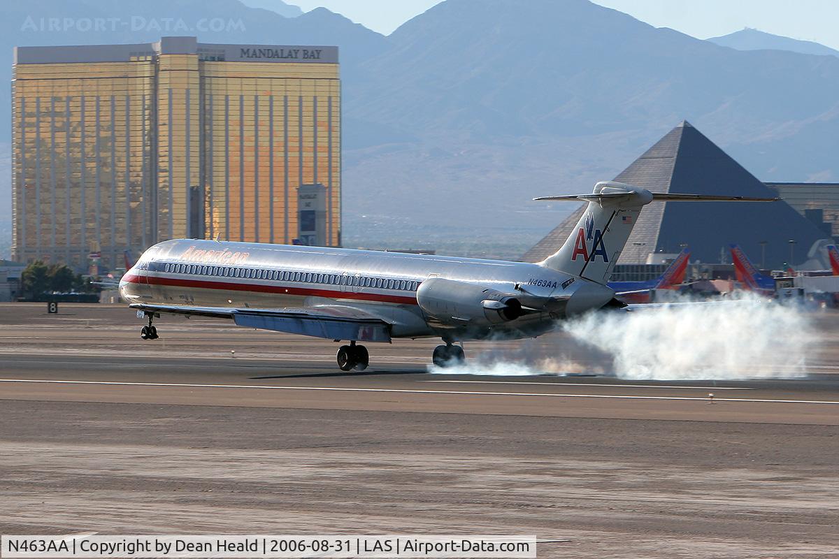 N463AA, 1988 McDonnell Douglas MD-82 (DC-9-82) C/N 49593, American Airlines N463AA touching down hard on the right main gear while landing on RWY 25L.