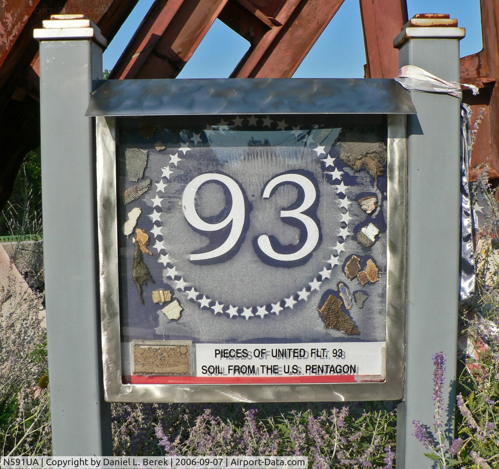 N591UA, 1996 Boeing 757-222 C/N 28142, Fragments from N591UA are incorporated in a memorial honoring the victims of the September 11 attacks. The Morris County memorial is in Morris Township, on a hill with a view of the Manhattan skyline.