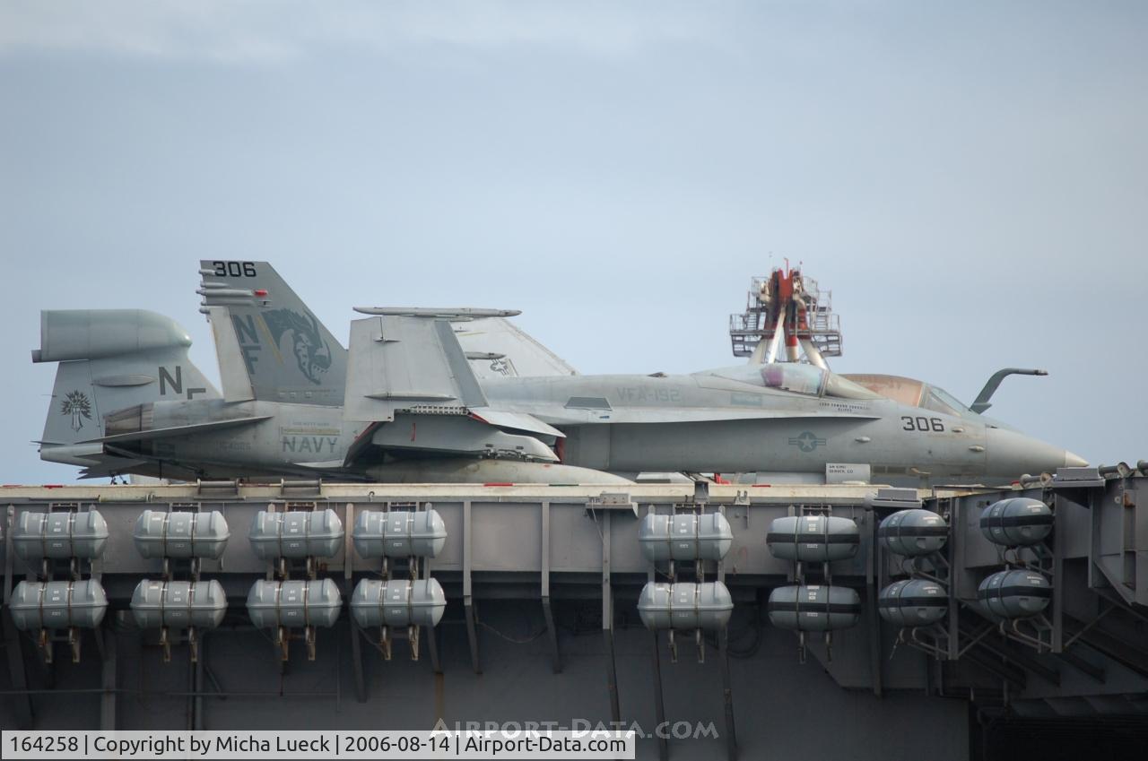 164258, 1991 McDonnell Douglas F/A-18C Hornet C/N 1021/C239, McDonnell Douglas F/A 18C Hornet (c/n 164258) on the Kitty Hawk in Fremantle, Australia