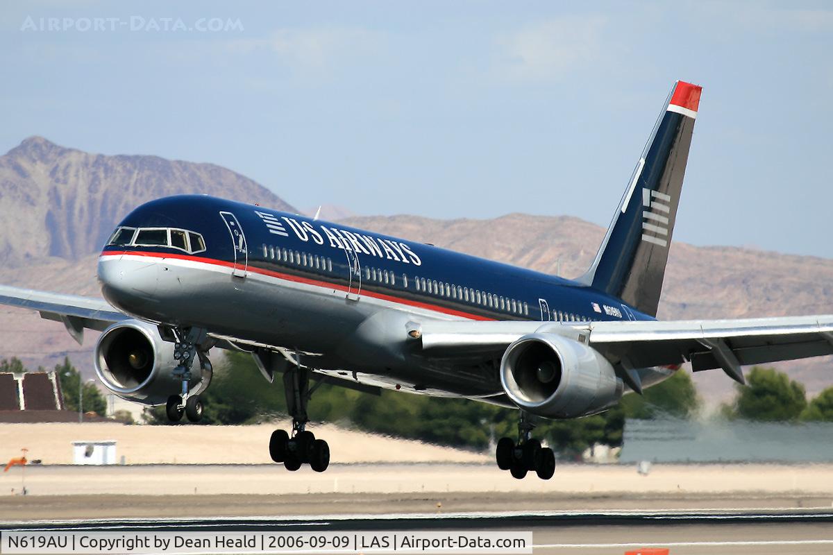 N619AU, 1993 Boeing 757-2B7 C/N 27198, US Airways N619AU (FLT USA703) from Charlotte Douglas Int'l (KCLT) near touchdown on RWY 25L.