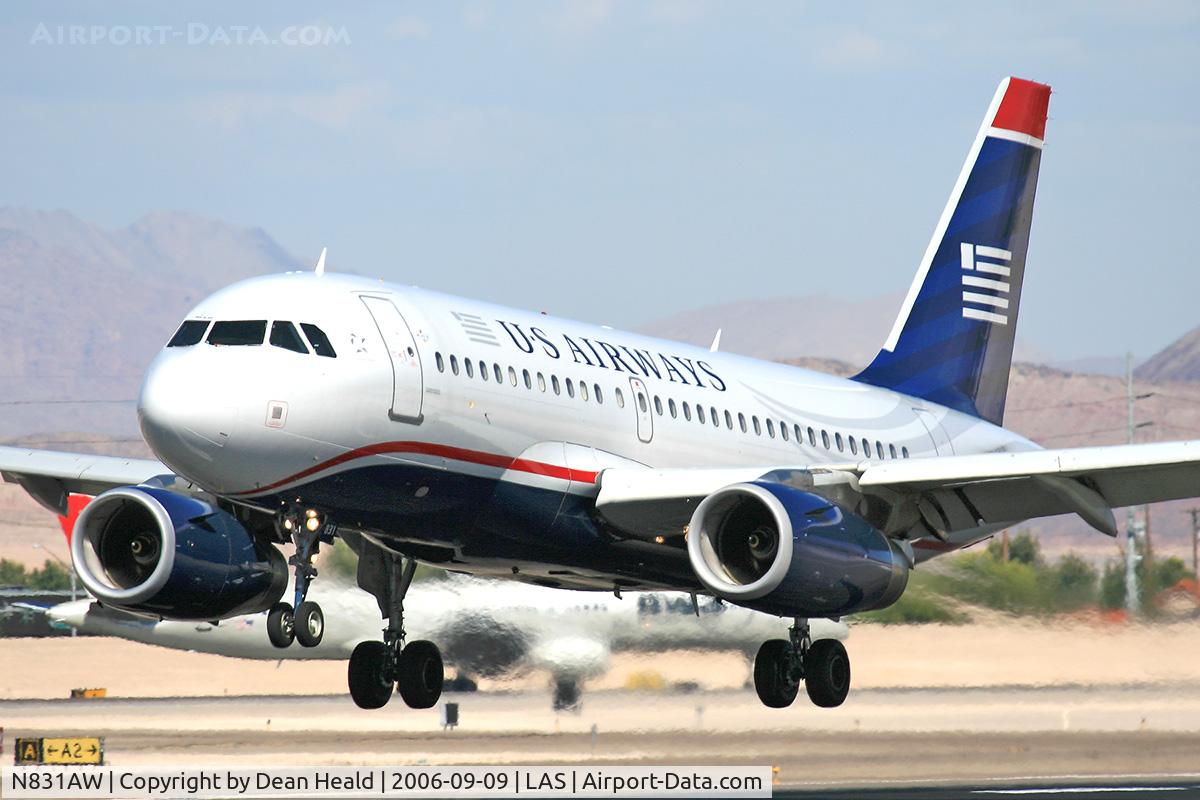 N831AW, 2001 Airbus A319-132 C/N 1576, America West (US Airways) N831AW (FLT AWE51) from Fresno Yosemite Int'l (KFAT) near touchdown on RWY 25L.