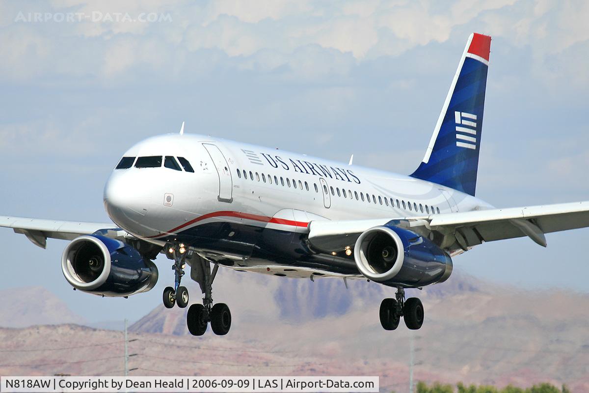 N818AW, 2000 Airbus A319-132 C/N 1375, America West (US Airways) N818AW (FLT AWE575) from Dallas Ft Worth Int'l (KDFW) on short final to RWY 25L.
