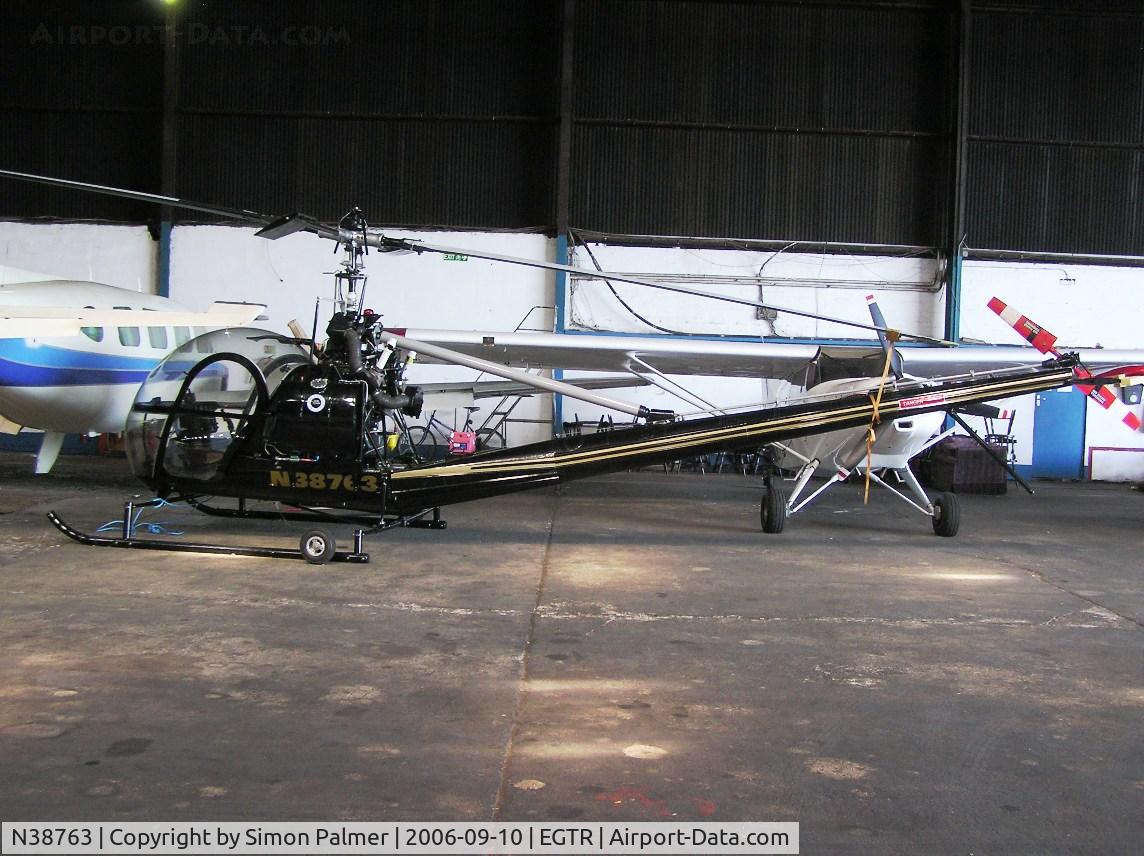 N38763, 1953 Hiller UH-12B C/N 497, Hiller UH-12 in the hangar at Elstree