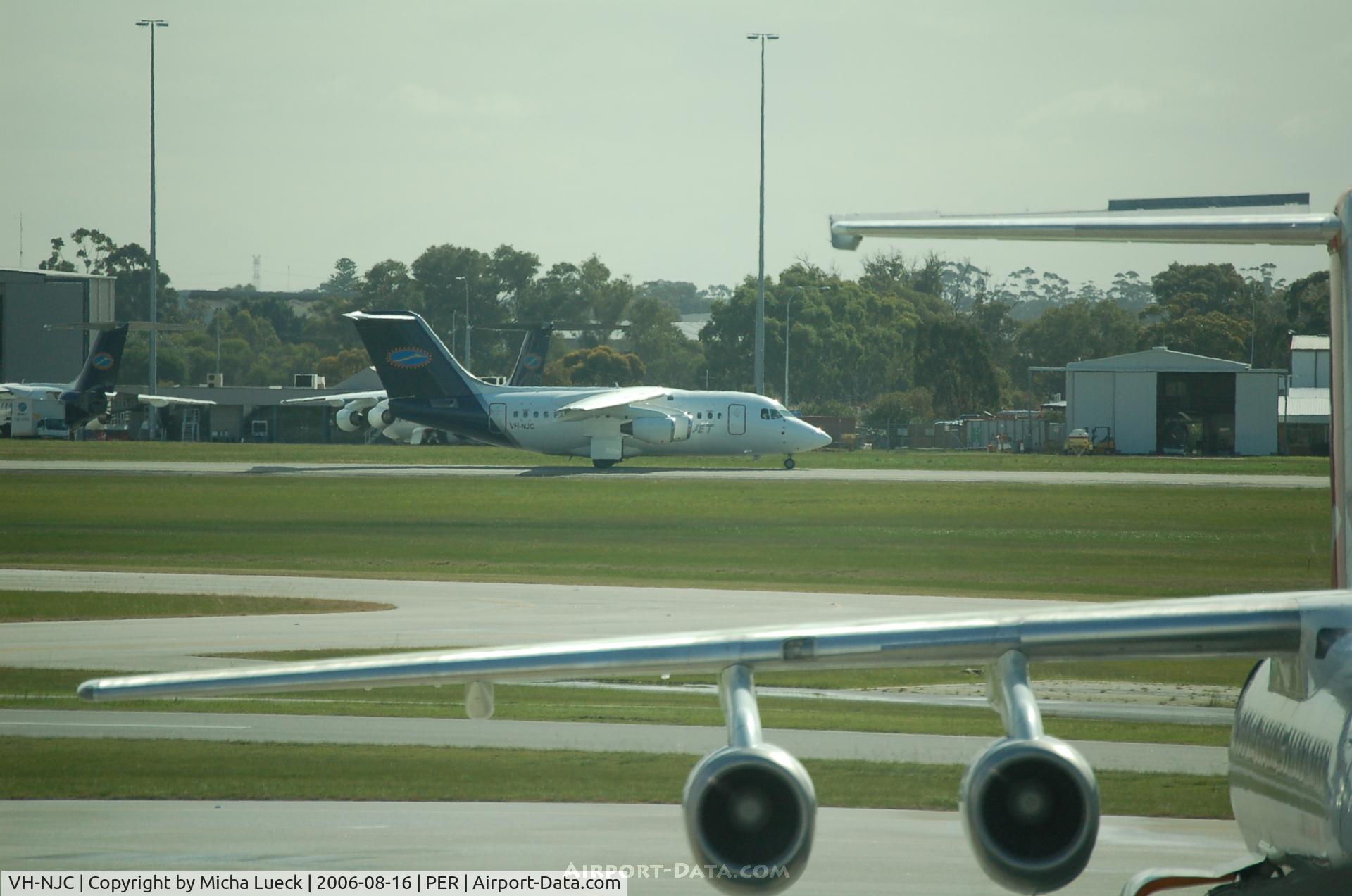 VH-NJC, 1983 British Aerospace BAe.146-100A C/N E1013, While the BAe146/Avro RJ is out of prodcution, and thus becoming more rare, it is still a common sight in Perth. There are four in this picture alone...