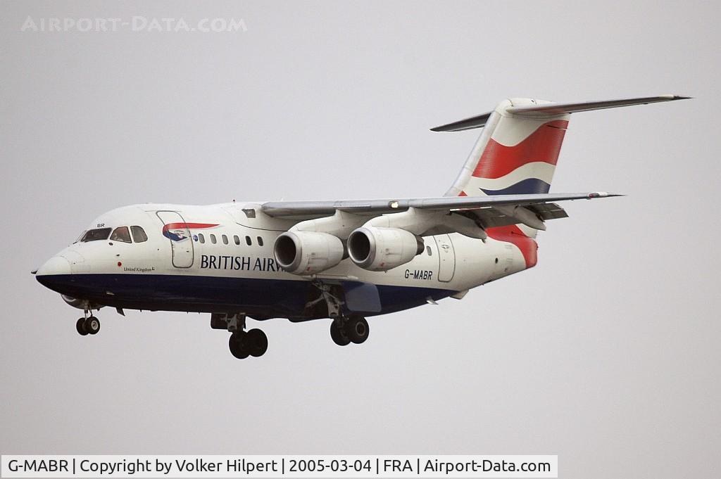 G-MABR, 1984 British Aerospace BAe.146-100 C/N E1015, on final at FRA