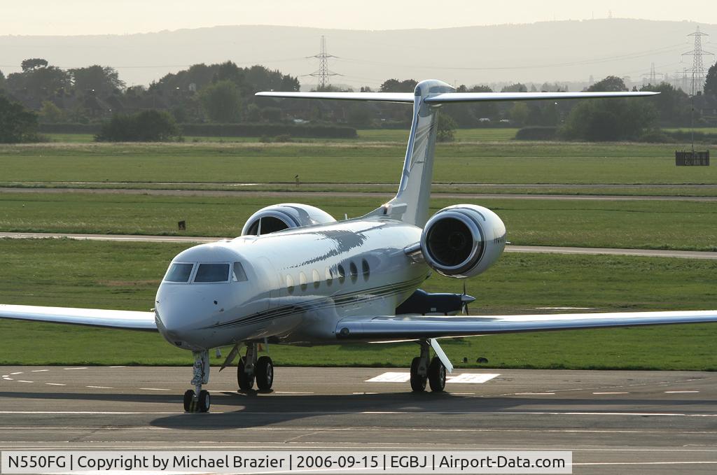 N550FG, 2005 Gulfstream Aerospace GV-SP (G550) C/N 5082, Shown on a visit to Staverton (Gloucestershire Airport) on 15 Sep 2006. UK.