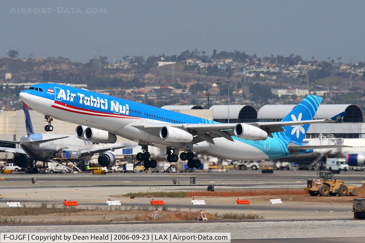 F-OJGF, 2001 Airbus A340-313 C/N 385, Air Tahiti Nui F-OJGF (FLT THT1) departing RWY 25R enroute to Tahiti Faa (NTAA). Note the construction activities on RWY 25L.