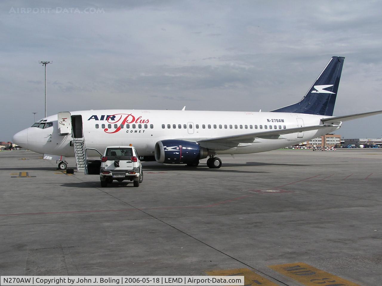 N270AW, 1988 Boeing 737-33A C/N 24027, 737 MSN 24027. Former reg F-GFUD, EC-IZM.  Madrid prior to ferry to Bangor, Me by Capt Bruce Burns and Capt john Boling
