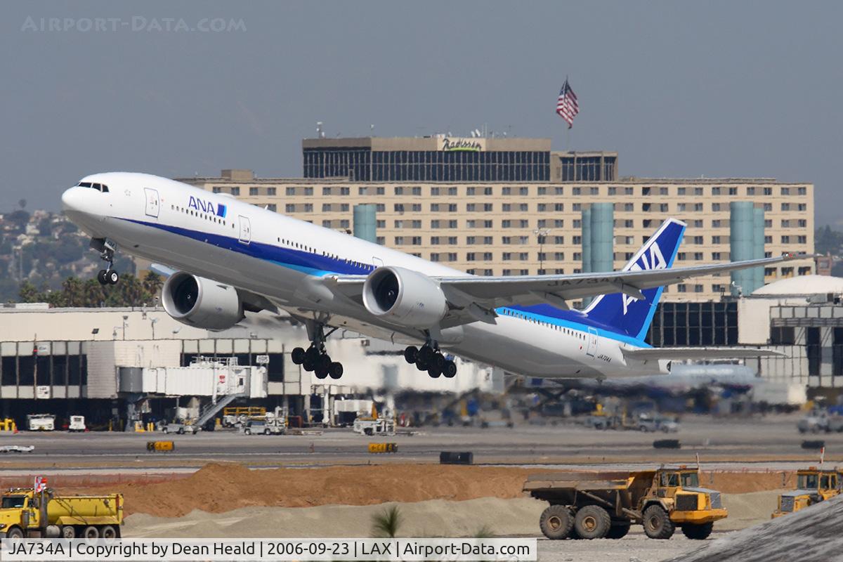 JA734A, 2006 Boeing 777-381/ER C/N 32649, All Nippon Airways JA734A (FLT ANA5) departing RWY 25R enroute to Narita Int'l (RJAA).