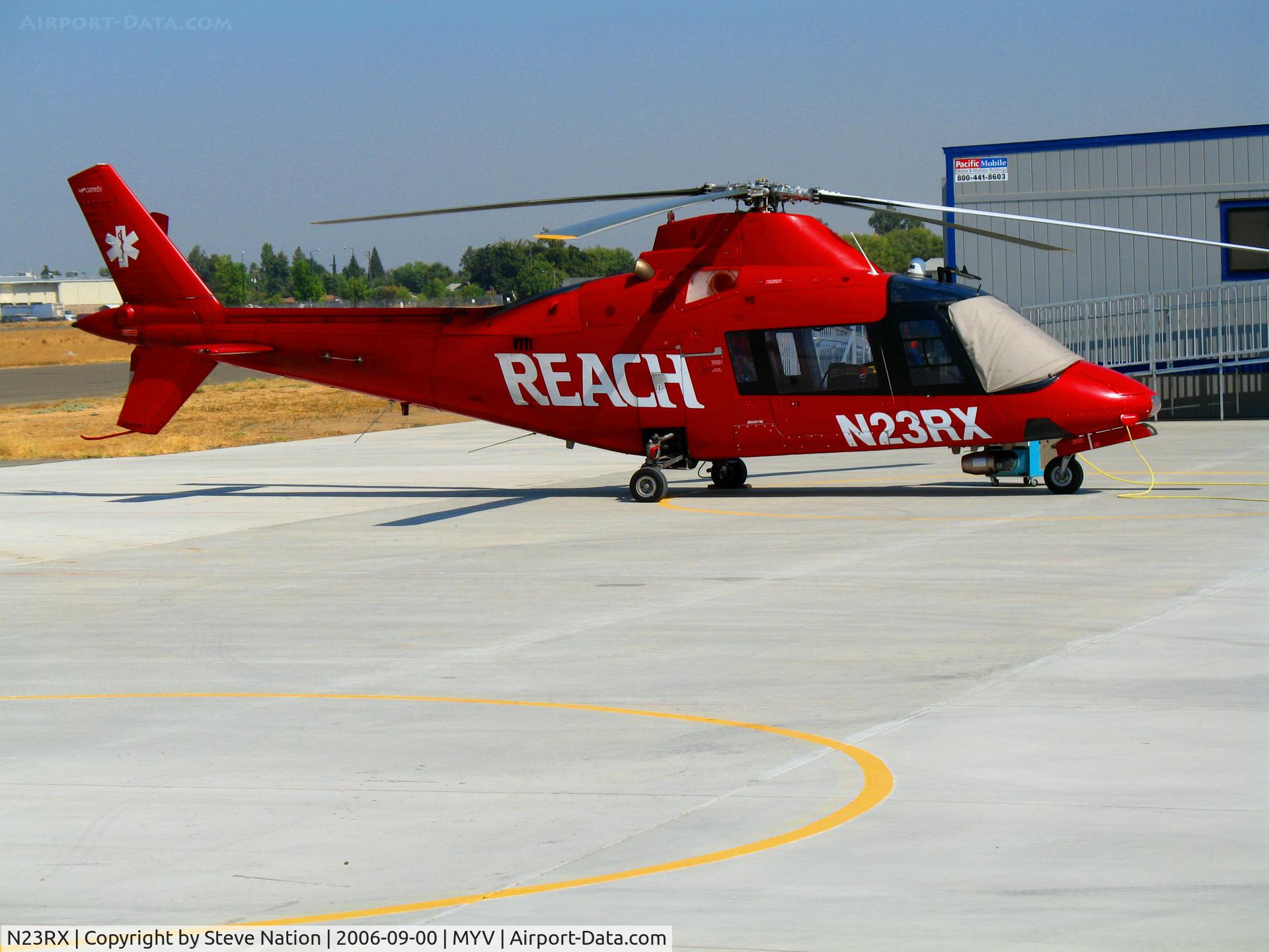 N23RX, Agusta A-109A Hirundo C/N 7205, REACH 1981 Augusta 109 on alert pad @ Yuba County Airport (Marysville), CA