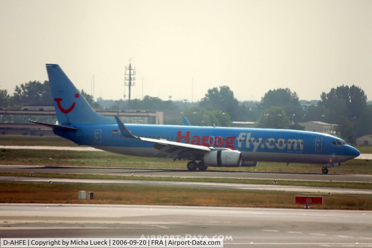 D-AHFE, 1998 Boeing 737-8K5 C/N 27979, Just landed, thrust reversers deployed