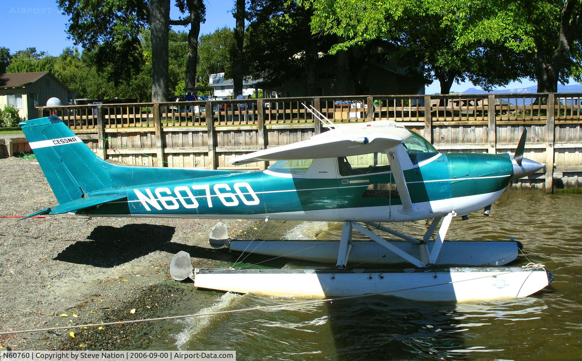 N60760, 1969 Cessna 150J C/N 15070555, NorCal Aviation float-equipped 1969 Cessna 150J moored at Skylark Shores Motel, Lakeport, CA for 2006 Clear Lake Splash-in