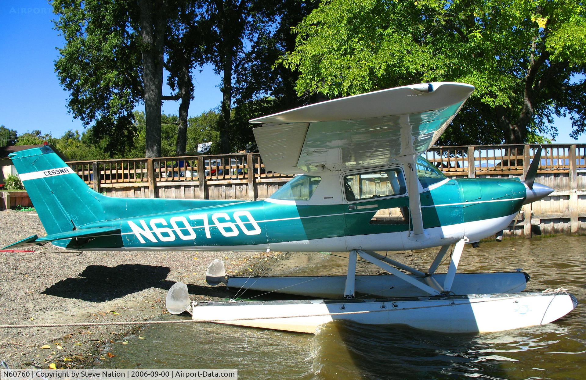 N60760, 1969 Cessna 150J C/N 15070555, NorCal Aviation float-equipped 1969 Cessna 150J moored at Skylark Shores Motel, Lakeport, CA for 2006 Clear Lake Splash-in