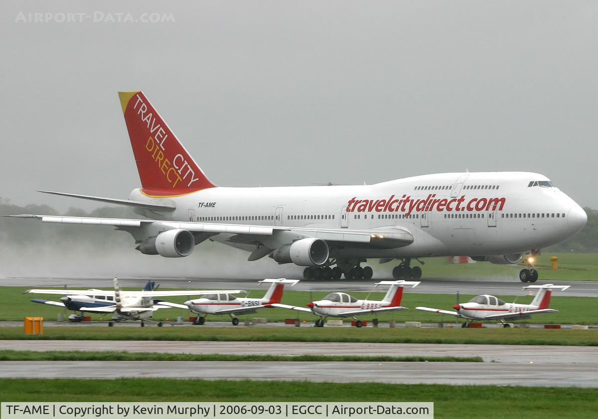TF-AME, 1984 Boeing 747-312 C/N 23032, Travel City 747 leaving in the rain.