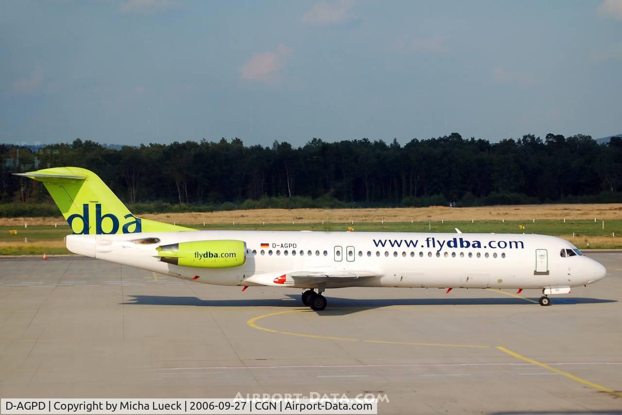 D-AGPD, 1989 Fokker 100 (F-28-0100) C/N 11281, Taxiing to the runway for take-off