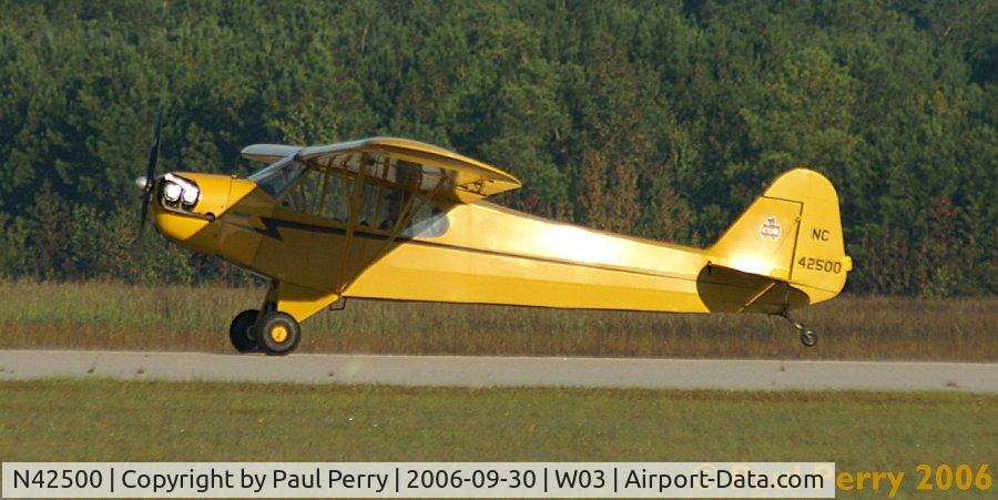N42500, 1945 Piper J3C-65 Cub C/N 14772, Just flew in, about to put the tailwheel on the runway