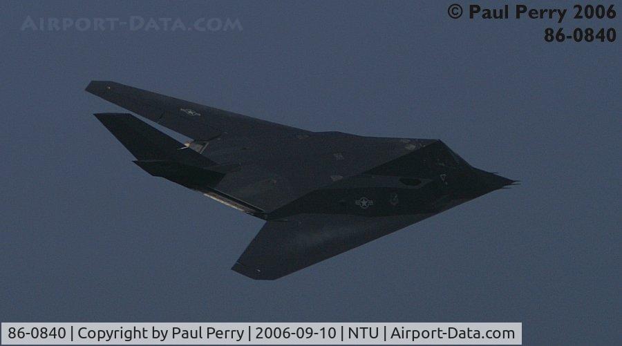 86-0840, 1986 Lockheed F-117A Nighthawk C/N A.4065, Pulling into a turn, notice the vortices starting over the wings, and the aux air doors open on the intake trunks