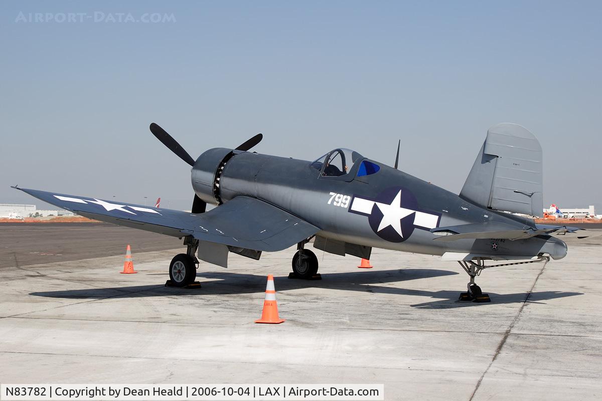 N83782, 1942 Vought F4U-1 Corsair C/N 3884 (Bu 17799), Chance Vought F4U-1 Corsair on the ramp at the LAX Flight Path Museum for the fund-raising gala.