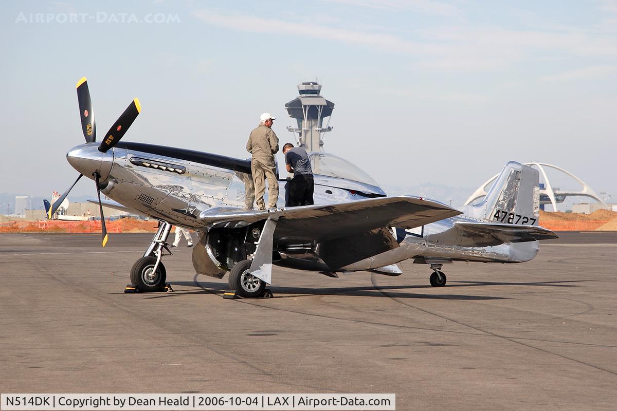 N514DK, 1945 North American P-51D Mustang C/N 45-11558, The crew on the wing of N514DK (P-51D) after arriving at LAX and parking on the ramp at the Flight Path Museum for the fund-raising gala.