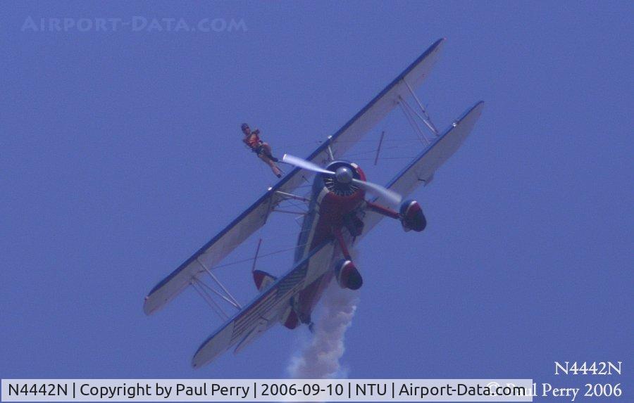 N4442N, 1943 Boeing A75N1 (PT17) C/N 75-7893, Another pass with the daring Ashley Battles riding the wing