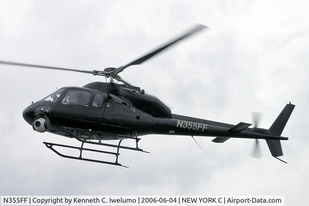 N355FF, 1982 Aerospatiale AS-355F-1 Ecureuil 2 C/N 5133, Aeropatiale AS 355 FI Helicopter with Camera Pod. This aircraft appeared as we sailed out of the Brooklyn Shipyards on a 5 day Queen Mary 2 cruise. It went around the ship taking photos.