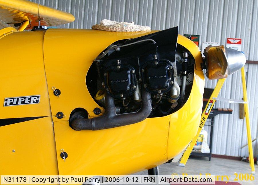 N31178, 1940 Piper J-3 Cub C/N 5388, Close-up of the up-rated powerplant.  Thanks to Buz for the hospitality.