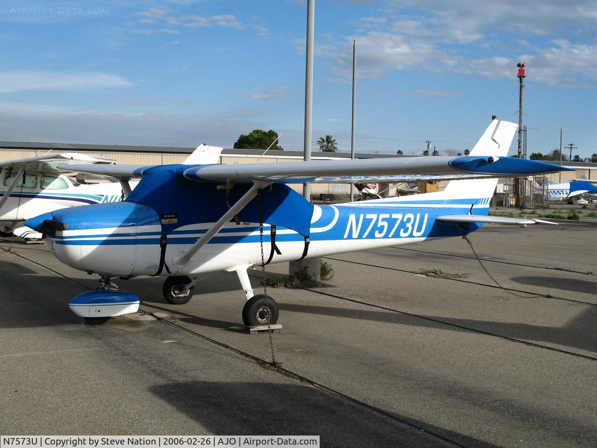 N7573U, 1975 Cessna 150M C/N 15077742, 1975 Cessna 150M in from Big Bear with cockpit cover @ Corona Municipal Airport, CA