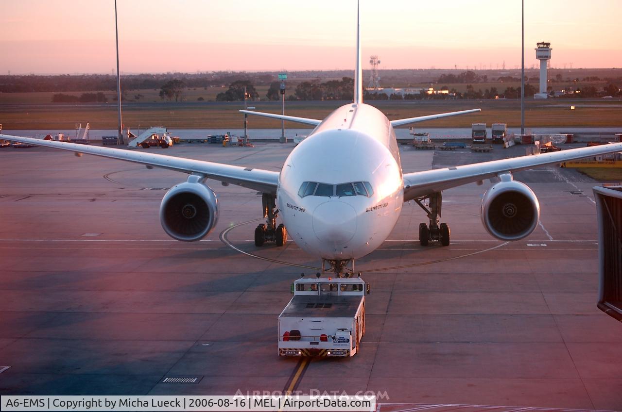 A6-EMS, 2002 Boeing 777-31H C/N 29067, Beautiful evening departure