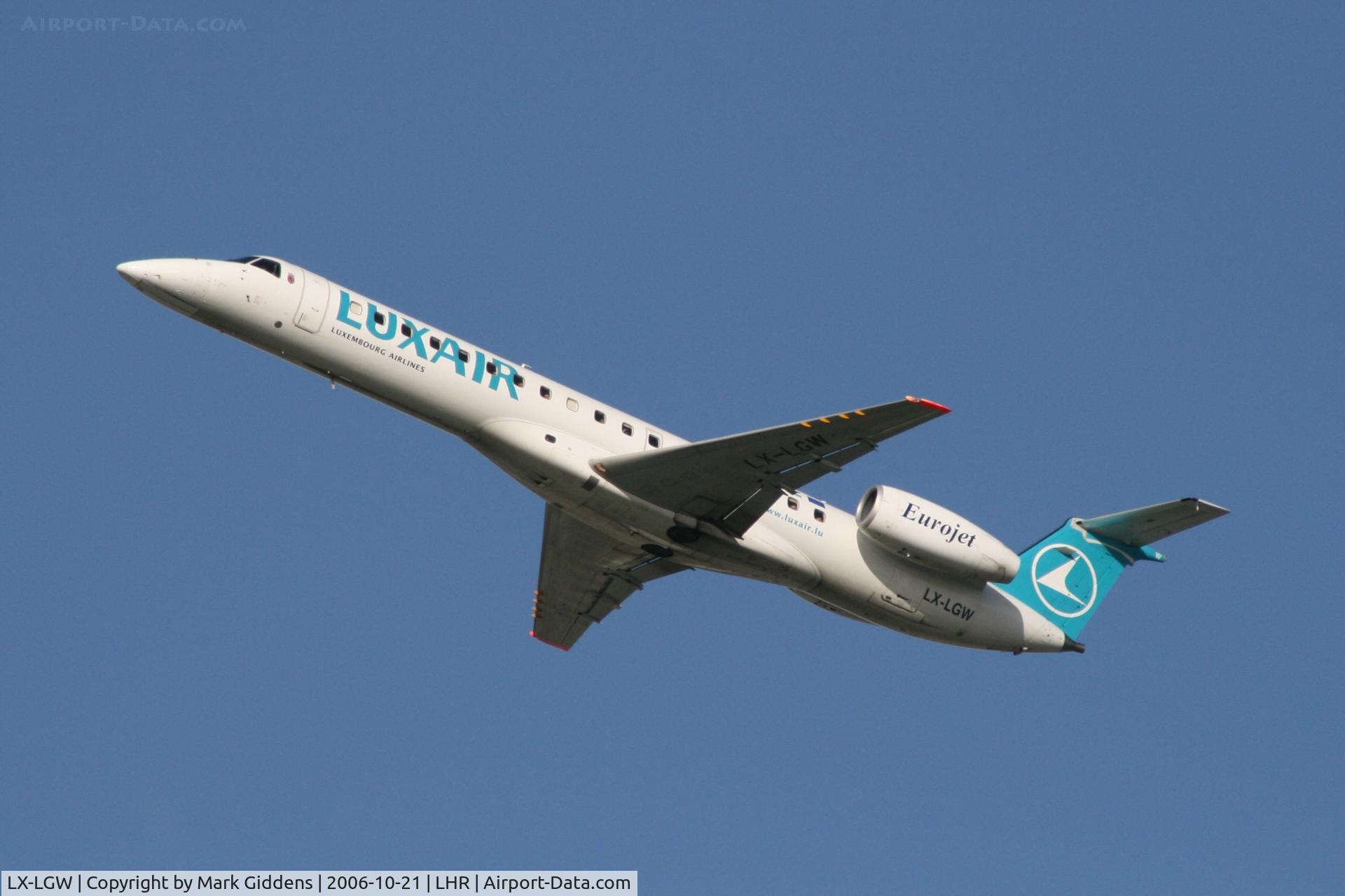 LX-LGW, 1999 Embraer EMB-145LU (ERJ-145LU) C/N 145135, Luxair  Embraer 145 departing runway 27L at Heathrow