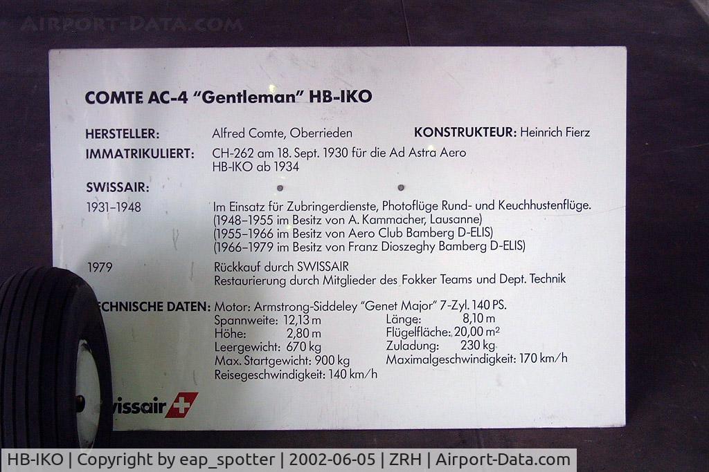 HB-IKO, 1934 Comte AC-4B Gentleman C/N 034, survived the Swissair-Grounding