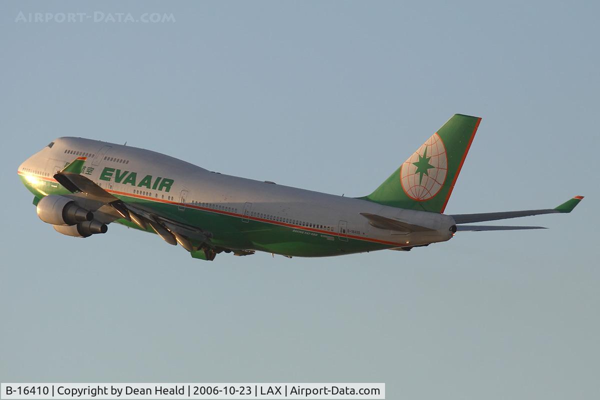 B-16410, 1997 Boeing 747-45E C/N 29061, EVA Air B-16410 (FLT EVA11) climbing out from RWY 25R enroute to Chiang Kai Shek Int'l (RCTP).
