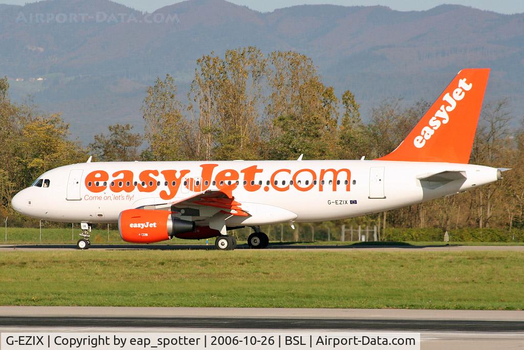 G-EZIX, 2005 Airbus A319-111 C/N 2605, on taxiway bravo outbound to LPL