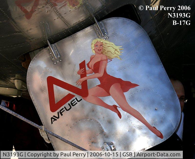 N3193G, 1944 Boeing B-17G Flying Fortress C/N 77255, Sponsor art on the forward crew door