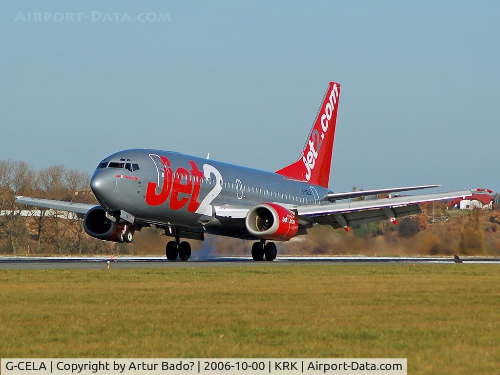 G-CELA, 1986 Boeing 737-377(QC) C/N 23663, Jet2 - first time in Krakow-Balice. landing on rwy 25
