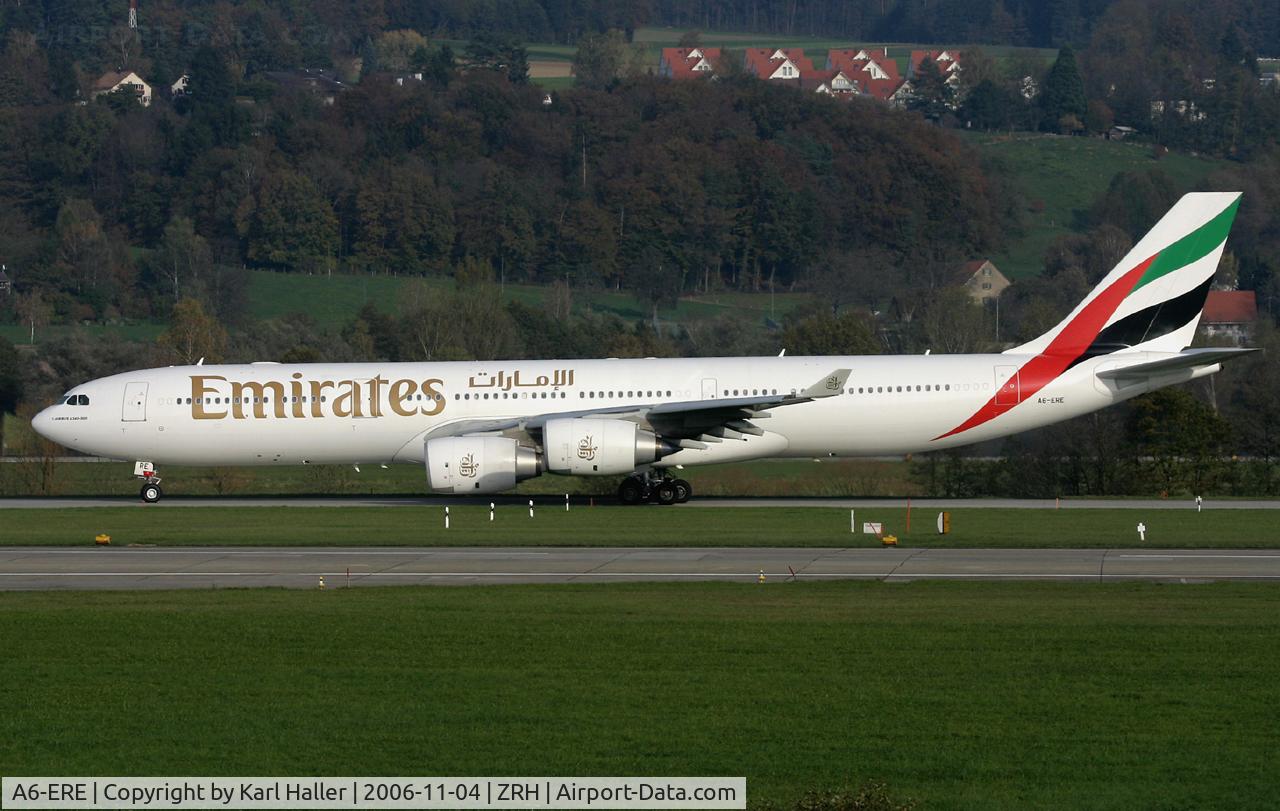 A6-ERE, 2004 Airbus A340-541 C/N 572, short final RWY 14