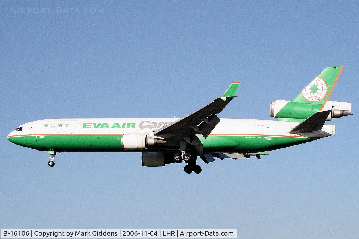 B-16106, 1995 McDonnell Douglas MD-11F C/N 48545, Eva Air Cargo MCD MD-11F arriving at London Heathrow