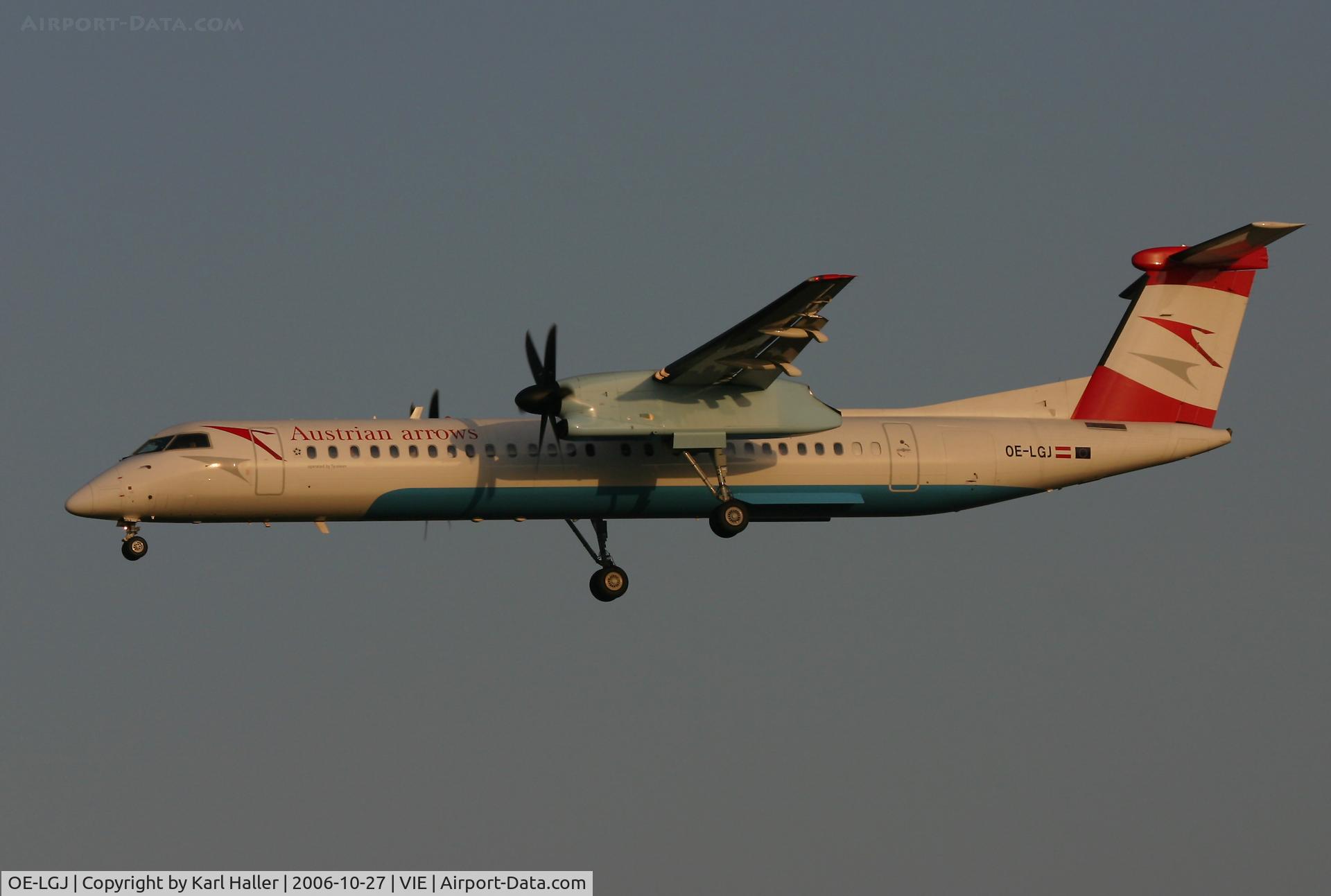 OE-LGJ, 2005 De Havilland Canada DHC-8-402Q Dash 8 C/N 4104, first day in Vienna