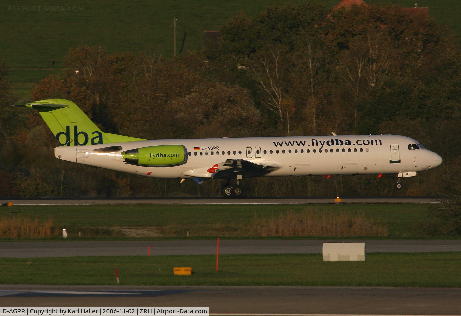 D-AGPR, 1992 Fokker 100 (F-28-0100) C/N 11391, evening in Zurich
