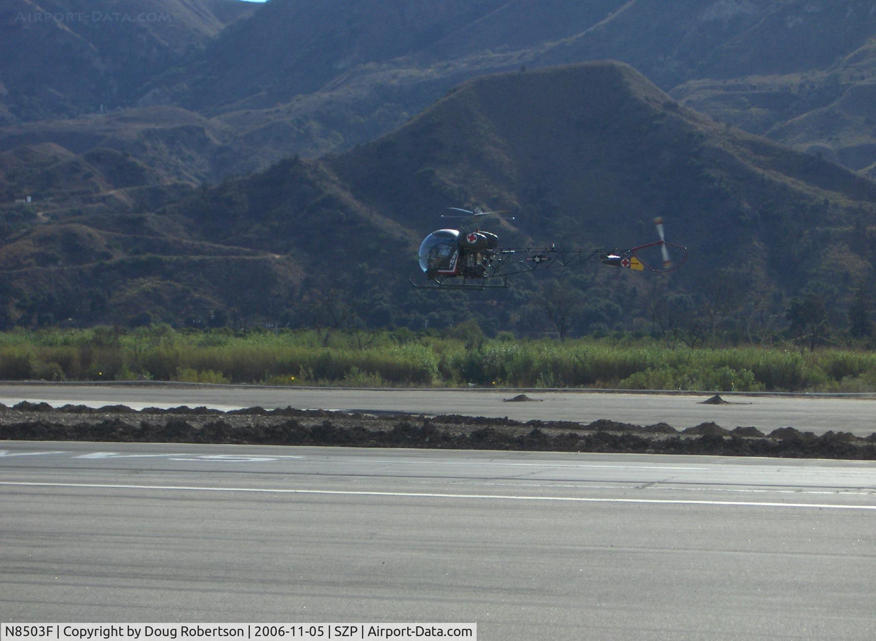 N8503F, 1965 Bell 47G-4 C/N 3350, 1965 Bell 47G-4, Lycoming VO-540 305 Hp, hover approach over SZP's Helipad for landing